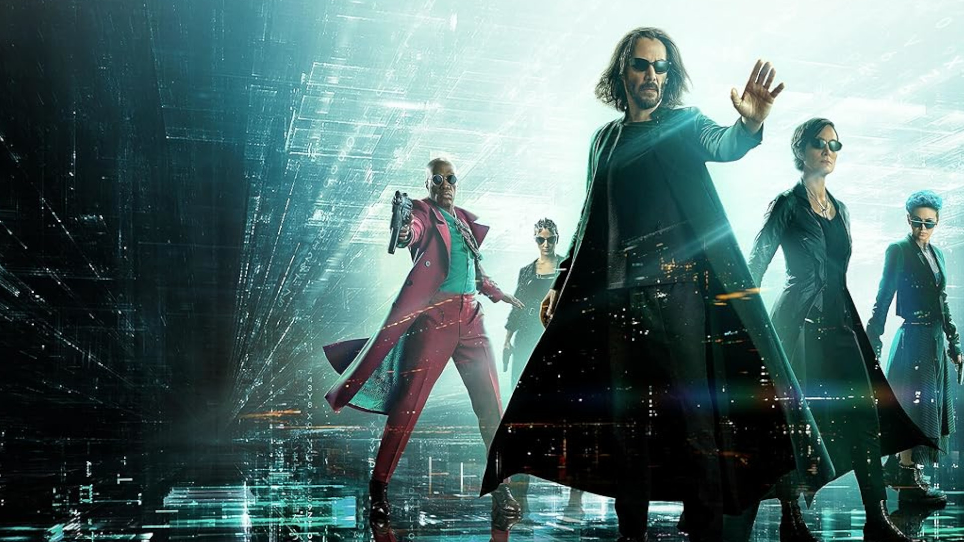 Keanu Reeves as Neo and the rest of the gang on the poster for the sci-fi movie, The Matrix: Resurrections.