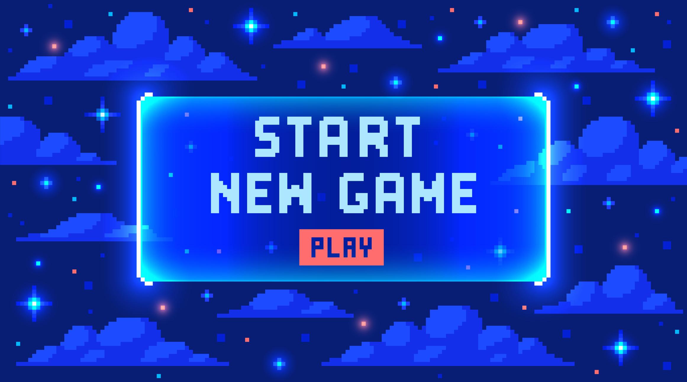 Web banner with phrase Start New Game. Sci-fi screen background with neon design - stock illustration 