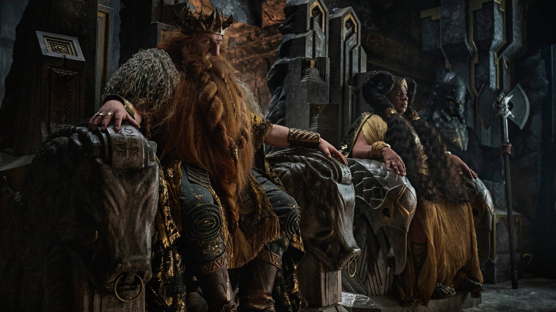 Owain Arthur as Prince Durin IV, Sophia Nomvete as Princess Disa in The Lord of the Rings: The Rings of Power season 3