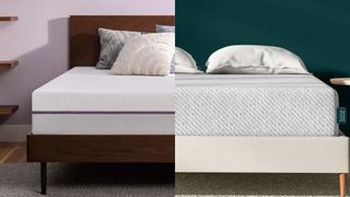 The Purple Original Mattress on a wooden bed frame (left), a Leesa Original Mattress on an upholstered bed frame (right)