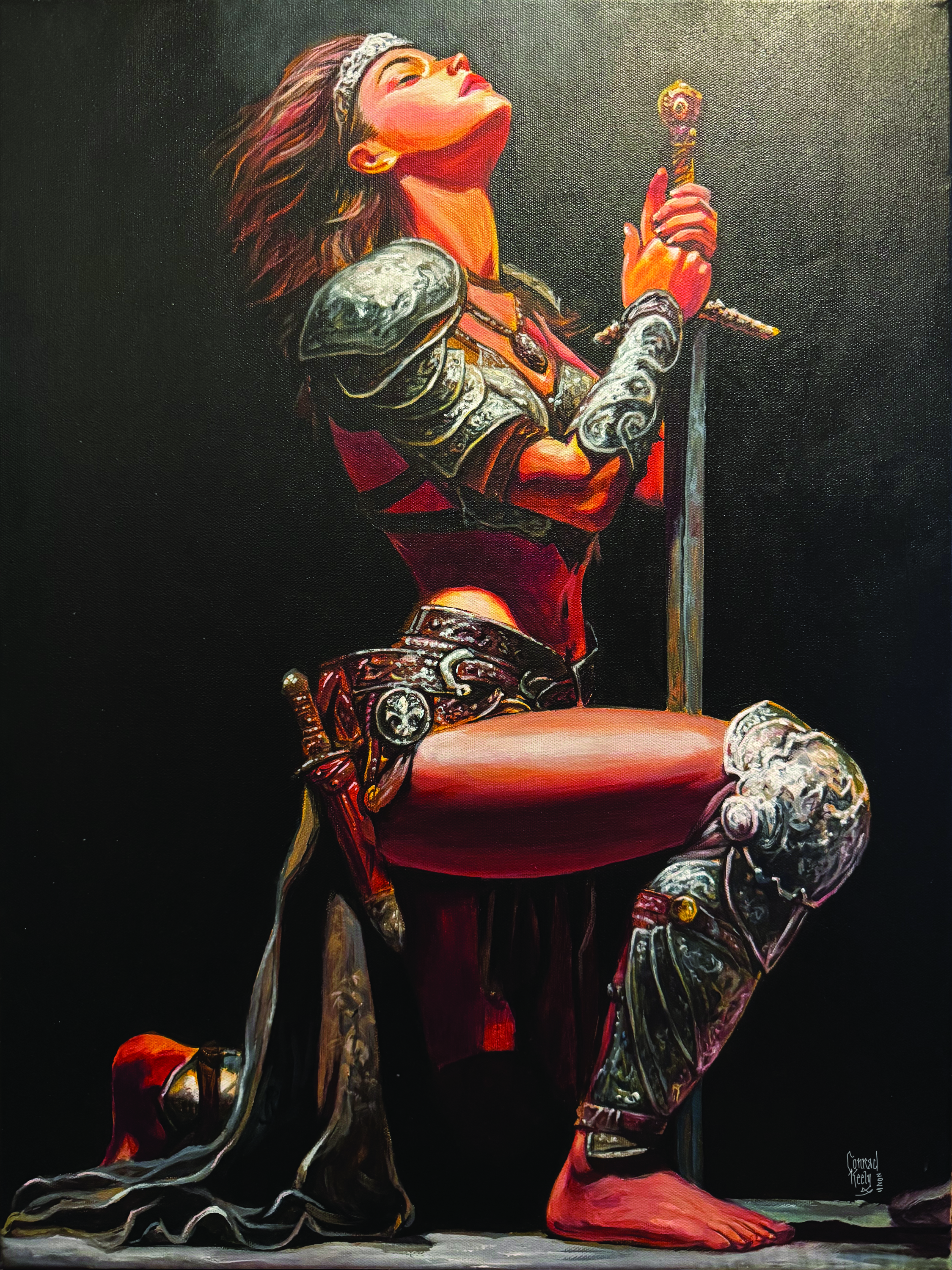 Fantasy art showing a woman with a sword