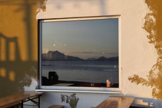 Picture window and view of fjord at Trevarefabrikken hotel Norway