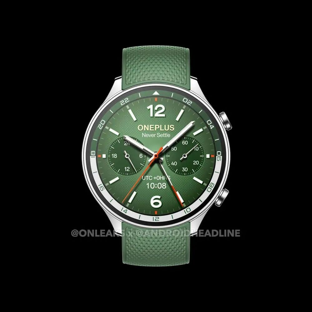 OnePlus Watch 2R in green, straight on, leaked image