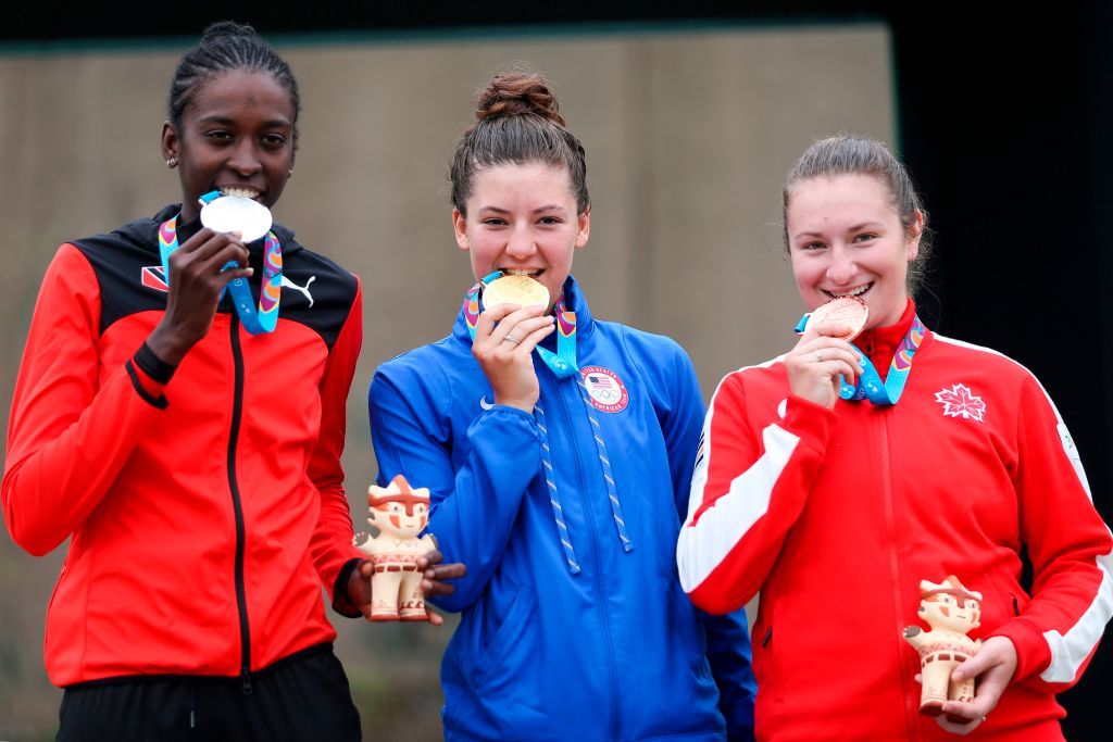 L to R Trinidad and Tobagos Teniel Campbell silver medal US Chloe Dygert gold medal and Canadas Laurie Jussaume bronze medal pose at the end of the Lima 2019 PanAmerican Games Cycling Road Time Trial Women event in Lima Peru on August 7 2019 Photo by LUKA GONZALES AFP Photo credit should read LUKA GONZALESAFP via Getty Images