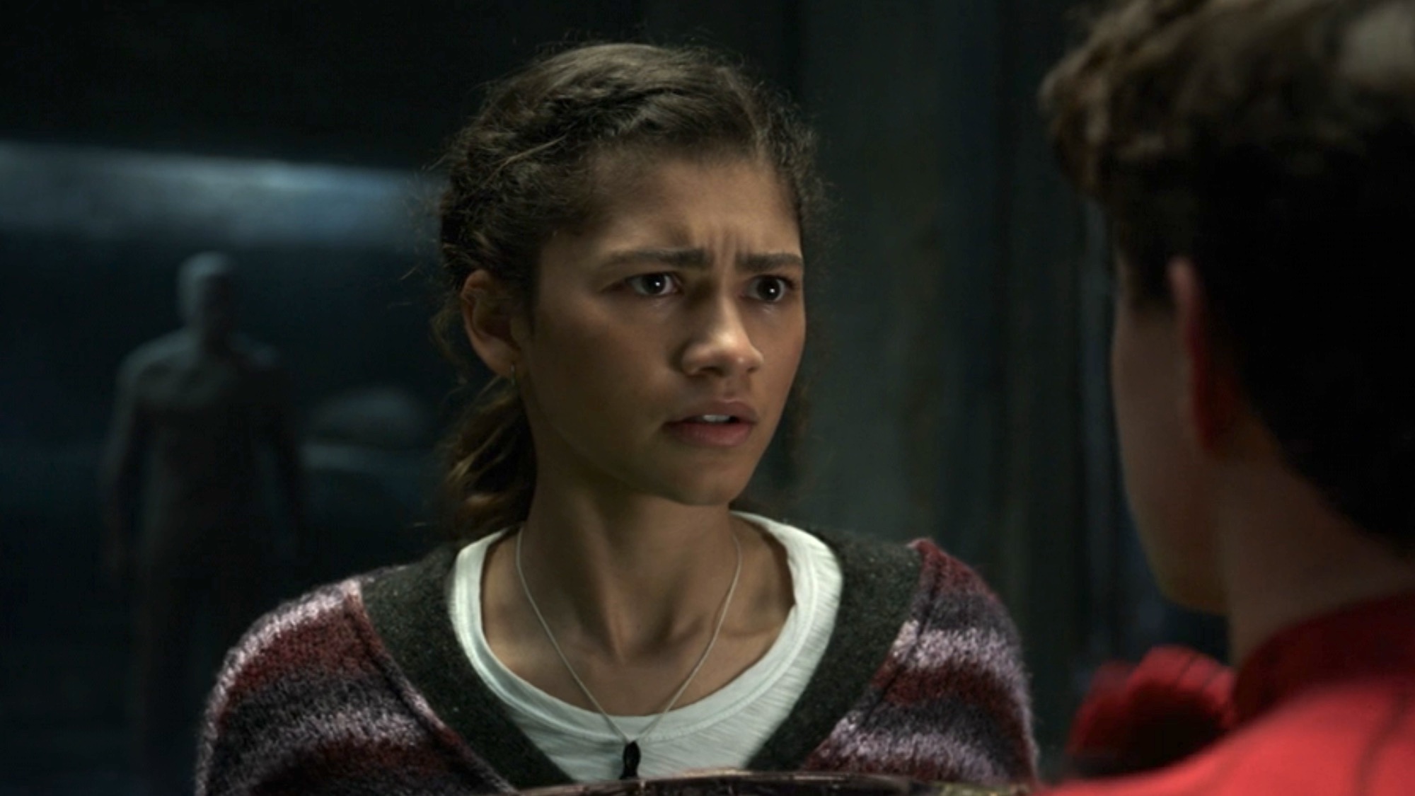 MJ looking confused on Doctor Strange's basement in No Way Home. 
