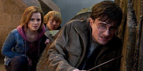 Harry, Ron, and Hemione during the battle of Hogwarts