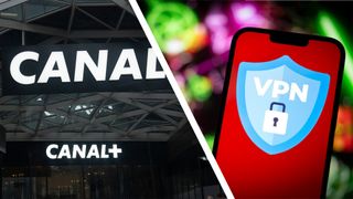 Canal Plus logo office facade building, in Issy les Moulineaux (France) on the left, VPN logo on a smartphone's screen on the right