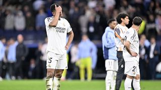 Jude Bellingham of Real Madrid reacts after losing the UEFA Champions League quarter-final second-leg match between Real Madrid and Arsenal at Santiago Bernabeu Stadium in Madrid, Spain on April 16, 2025.