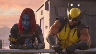 Wolverine and Mystique lean on a railing on a Madripoor rooftop in Marvel's Wolverine