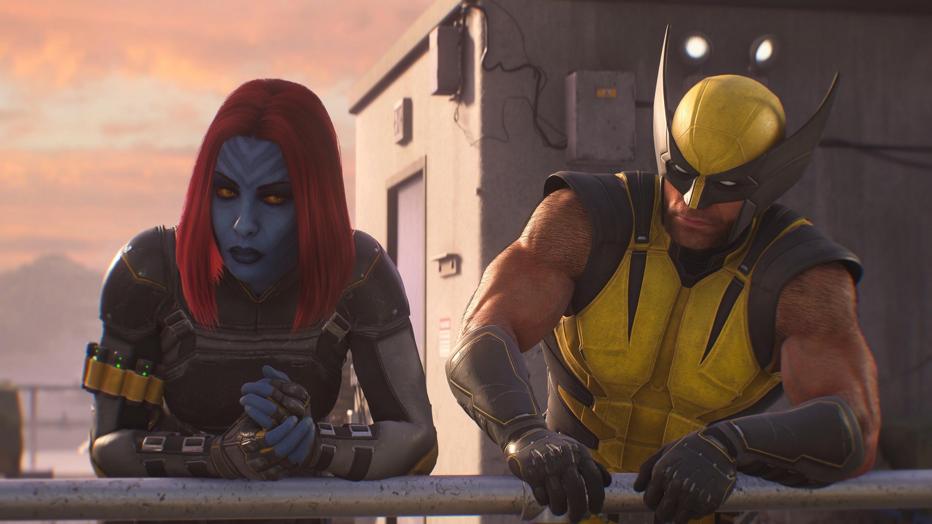 Wolverine and Mystique lean on a railing on a Madripoor rooftop in Marvel's Wolverine