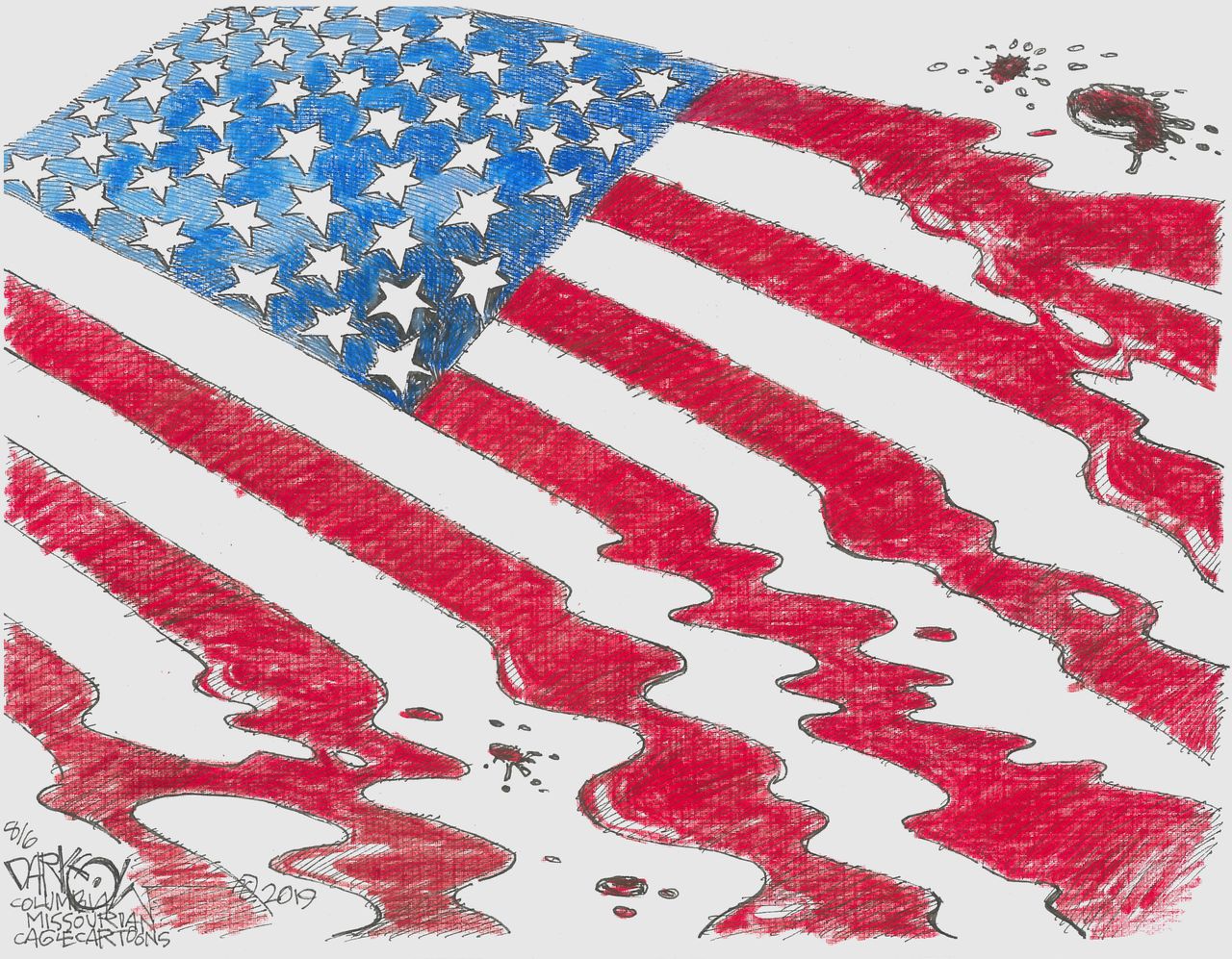 Political Cartoon U.S. Bloody American Flag Stars and Stripes Mass Shooting Gun Violence