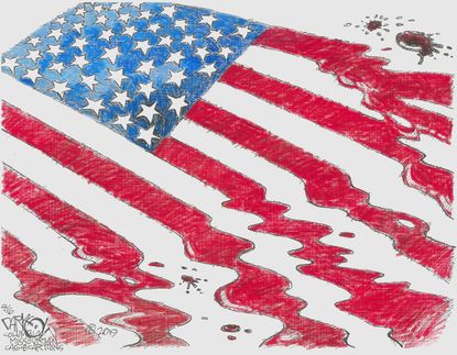 Political Cartoon U.S. Bloody American Flag Stars and Stripes Mass