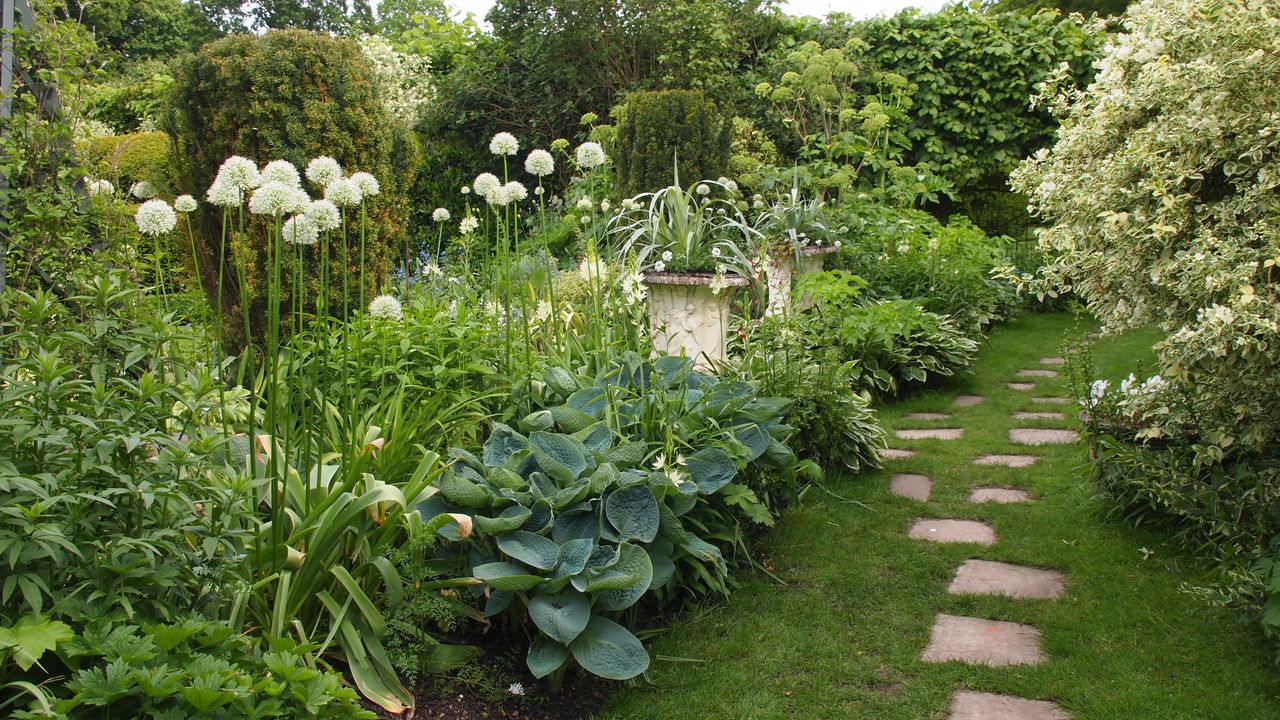 Green and white garden colour scheme, Chenies Manor in May