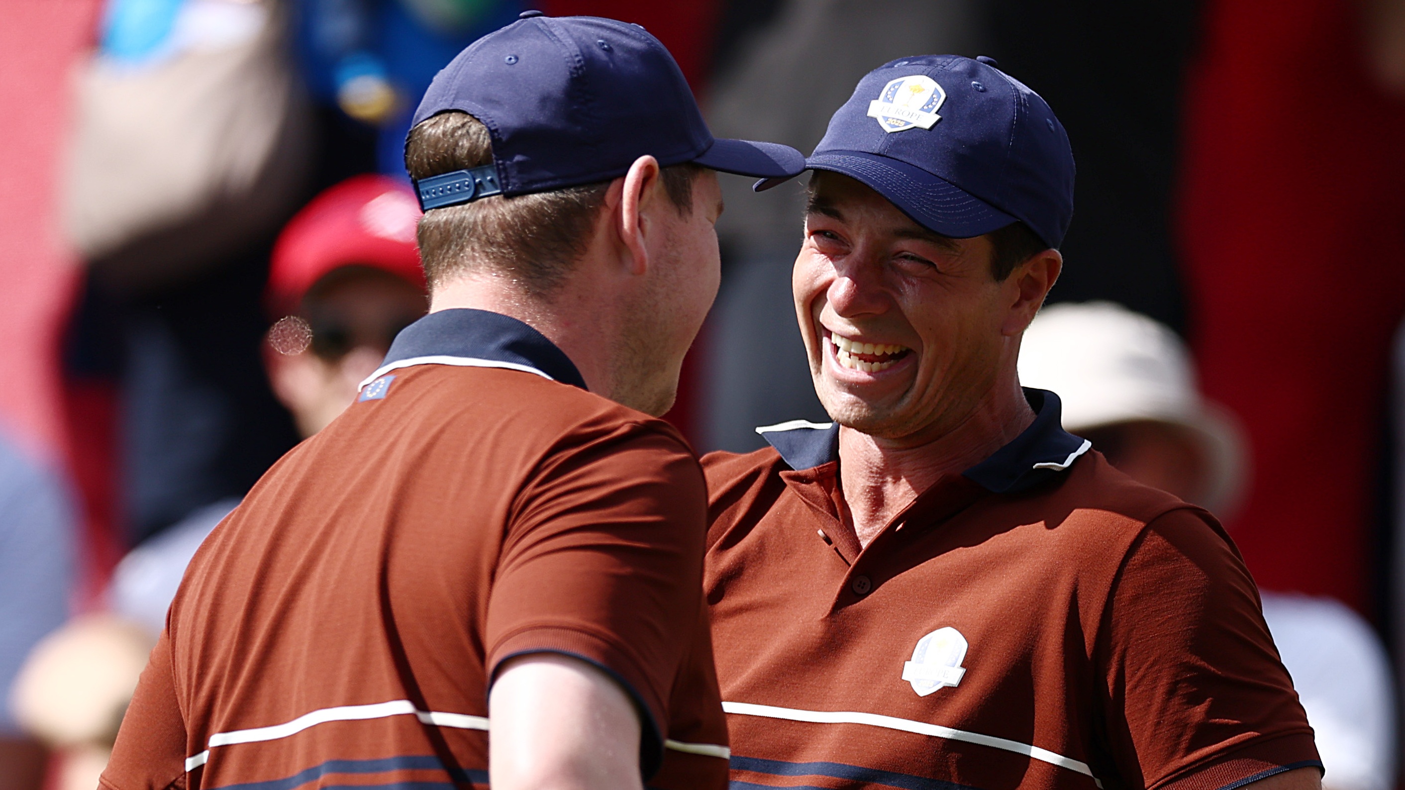Bob MacIntyre and Viktor Hovland celebrate the win as Europe win the morning foursomes 3-1