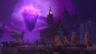 World of Warcraft The War Within screenshot of a purple crystal far above ground shining down on a small building