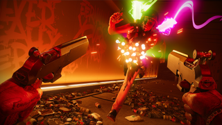 Deathloop Goldenloop update preview image. A man runs at the player covered in paint and explosives.