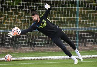 David Raya of Arsenal during a training session at London Colney on August 20, 2023 in St Albans, England.