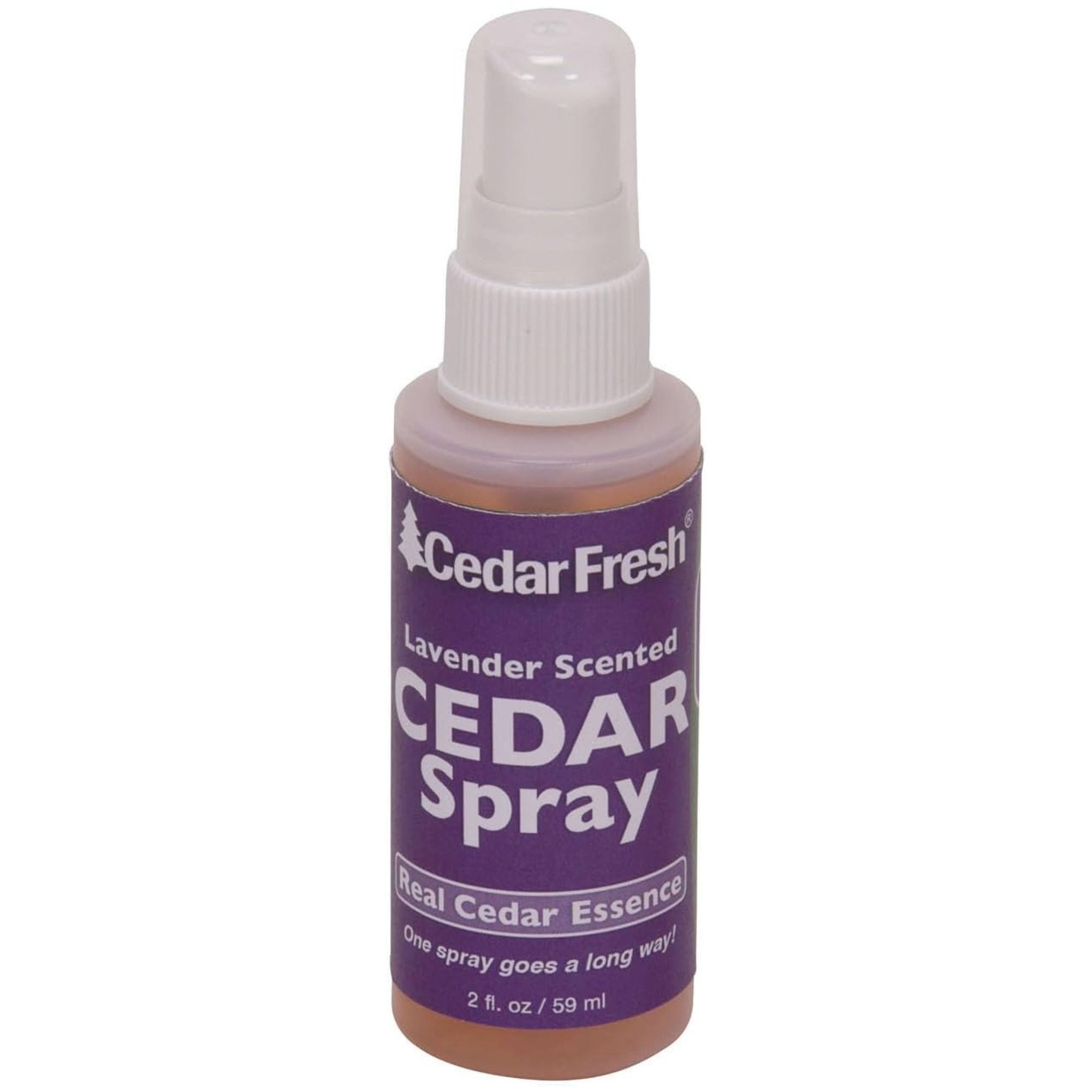 A bottle of cedar spray with a purple label and white spray lid
