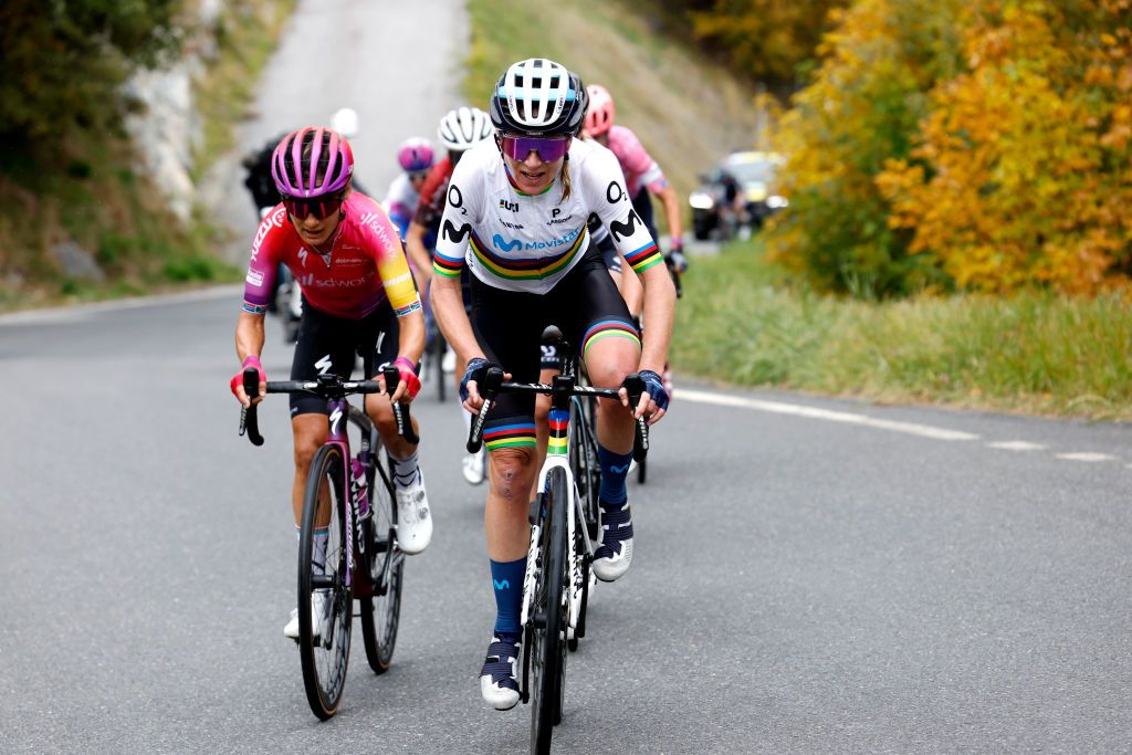 THYON SWITZERLAND OCTOBER 08 LR Ashleigh Moolman Pasio of South Africa and Team SD Worx and Annemiek Van Vleuten of Netherlands and Movistar Team Women compete in the breakaway during the 1st Tour de Romandie Feminin 2022 Stage 2 a 1045km stage from Sion to Thyon 2089m TDRwomen TDRF on October 08 2022 in Thyon Switzerland Photo by Bas CzerwinskiGetty Images