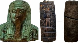 A green faience figurine and an engraved stele from the ancient Egyptian city of Imet.