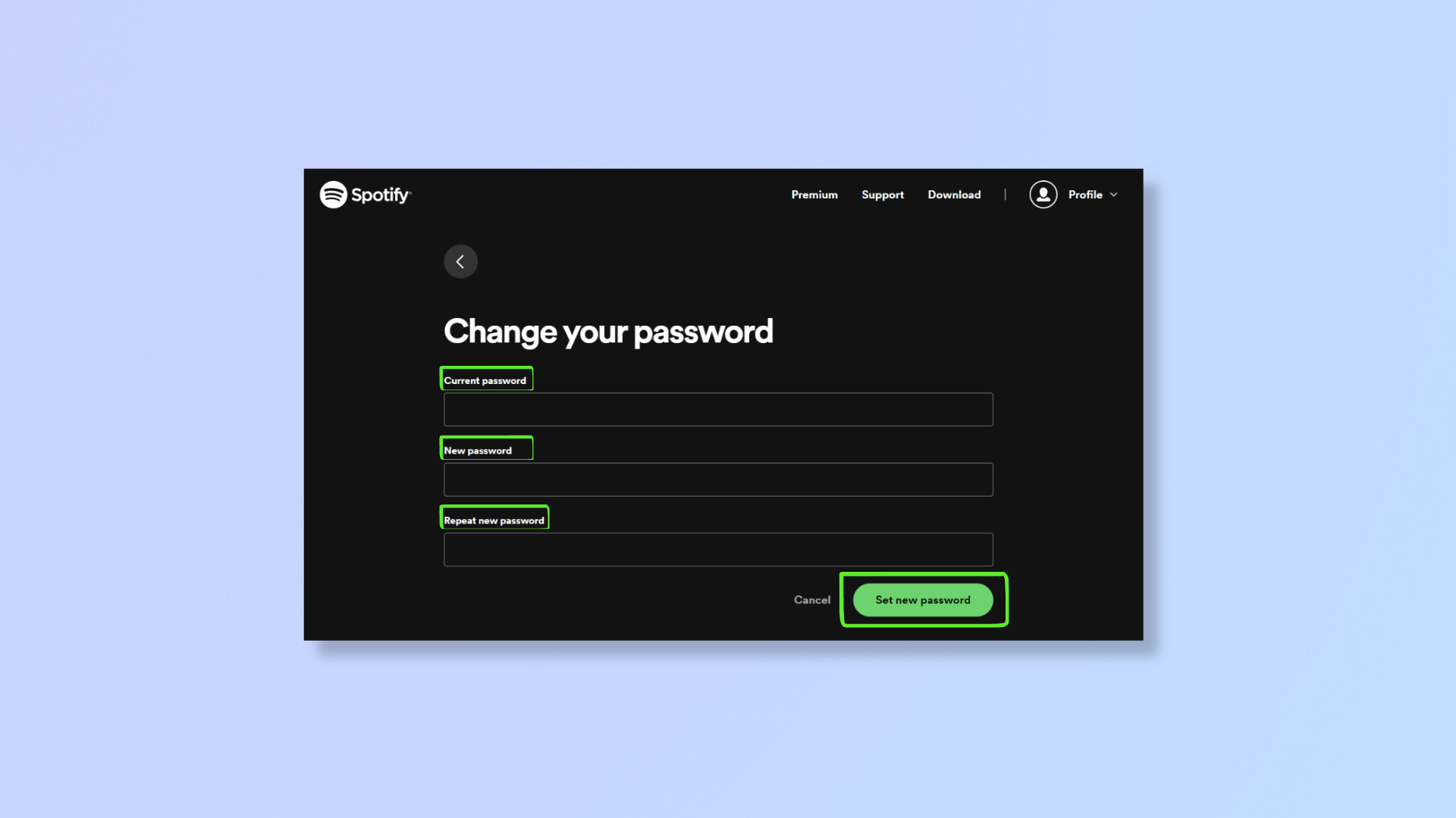 Снимок экрана веб-сайта Spotify, на котором показана страница «Изменить пароль». 