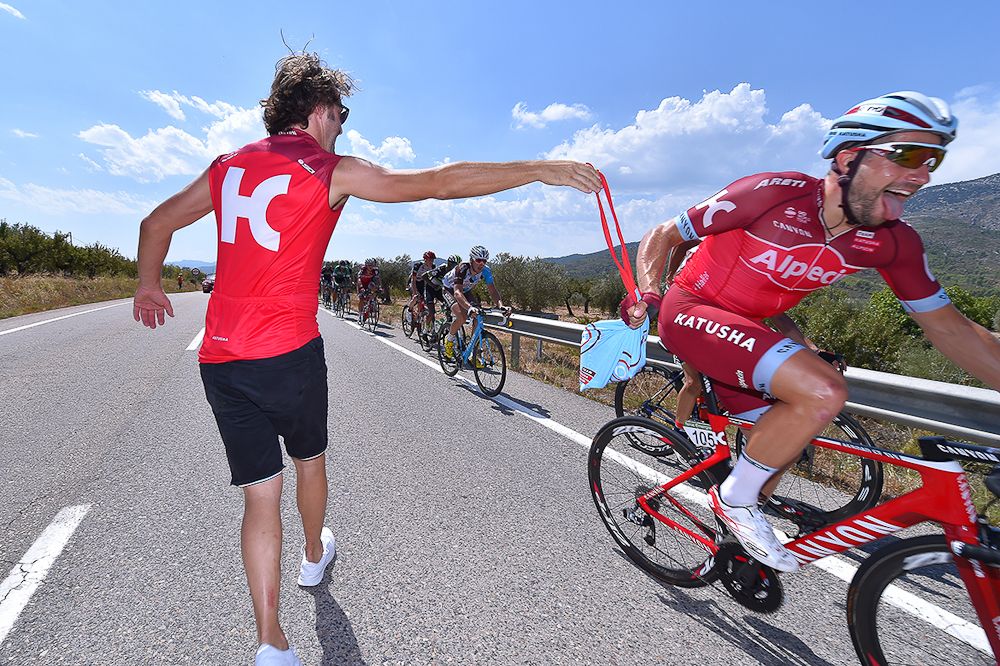Marco Haller gets a feed during stage 5 at the Vuelta