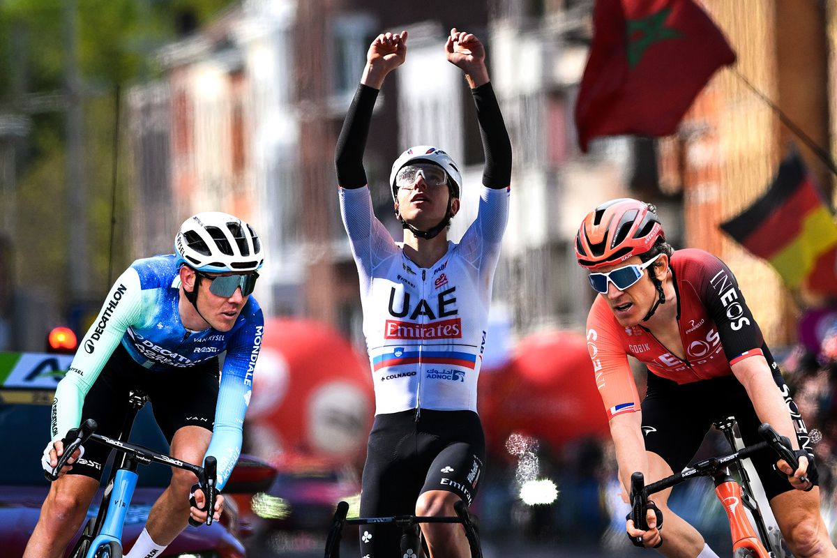 LIEGE, BELGIUM - APRIL 24: Tadej Pogacar of Slovenia and UAE Team Emirates celebrates at finish line as race winner during the 110th Liege - Bastogne - Liege 2024, Men&#039;s Elite a 254.5km one day race from Liege to / #UCIWT / on April 24, 2024 in Liege, Belgium. (Photo by Dario Belingheri/Getty Images)