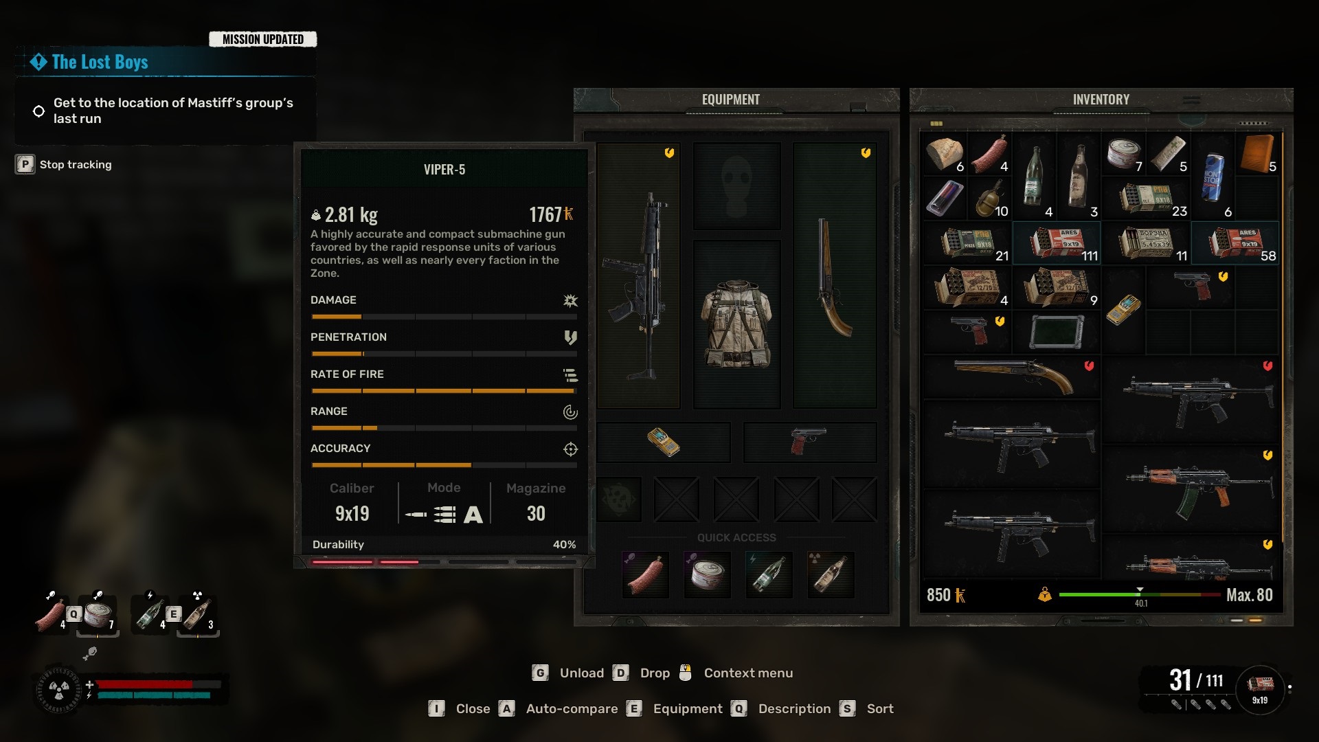 An inventory screen in STALKER 2, showing numerous items with different durability levels.