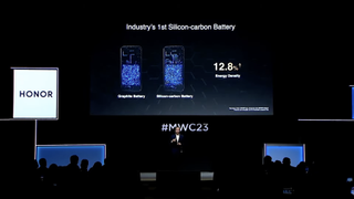 A screenshot of Honor's MWC 2023 presentation, showing how its new silicon-carbon battery is 12.8% more energy dense than a graphite battery