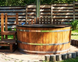 wooden barrel hot tub