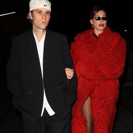 Hailey Bieber in a Red Date Night outfit by Ferragamo