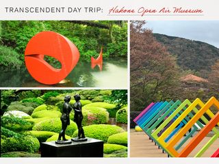 Collage aus drei Bildern, die Kunstskulpturen im Freien im Hakone Open Air Museum zeigen