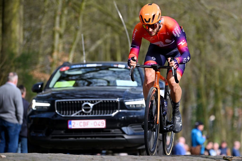 BREDENE BELGIUM MARCH 17 Adam De Vos of Canada and Team Human Powered Health competes passing through a Kemmelberg cobblestones sector during the 21th Bredene Koksijde Classic 2023 a 1916km one day race from Bredene to Koksijde on March 17 2023 in Koksijde Belgium Photo by Luc ClaessenGetty Images