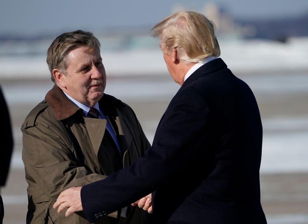 Rick Saccone greets Trump for a rally