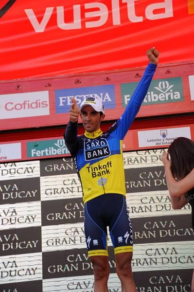 A pistolero salute from Alberto Contador for his stage win at the Vuelta.