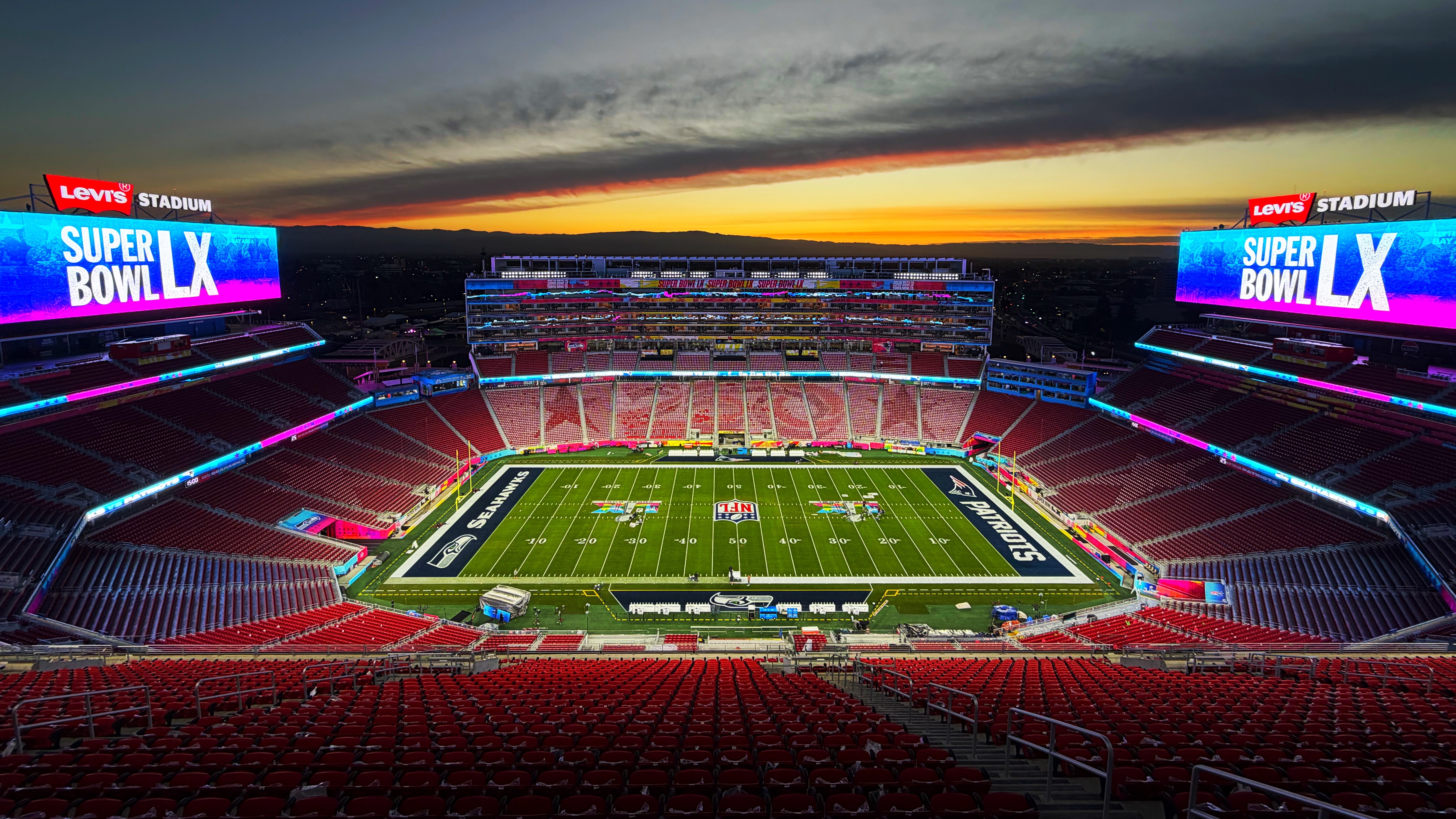 SANTA CLARA, CALIFORNIA - FEBRUARY 7: A general view of Levi Stadium at sunset prior to Super Bowl LX between the New England Patriots and the Seattle Seahawks on February 7, 2026 in Santa Clara, California. (Photo by Todd Rosenberg/Getty Images)