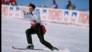 Fabrice Becker of France does his routine during the ski ballet competition at the Olympic Games in Albertville, France 1992