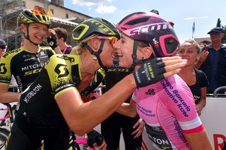 Annemiek van Vleuten celebrates her Giro Rosa victory with her Mitchelton-Scott teammates