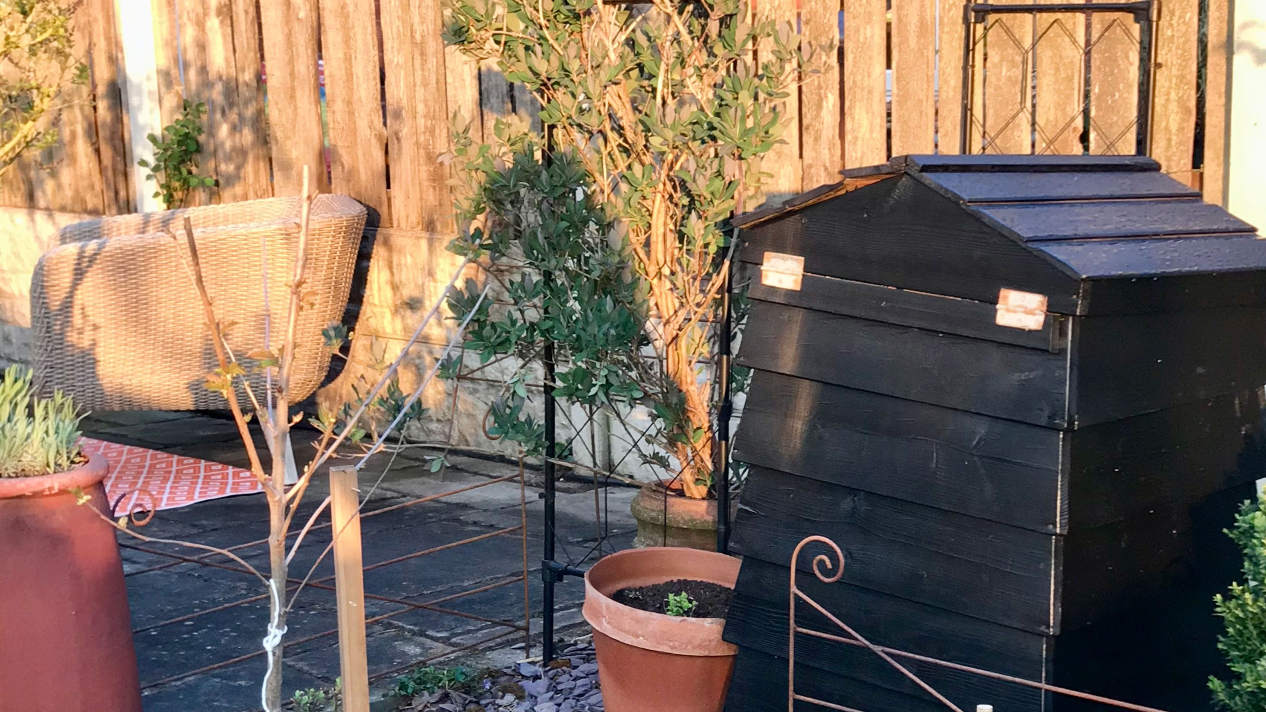 Black shed-like compost bin in garden by wooden fence and patio area with seating