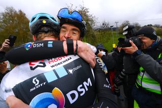 LIENZ AUSTRIA APRIL 22 Romain Bardet of France and Team DSM final overall race winner celebrates with his teammate Thymen Arensman of Netherlands and Team DSM White Best Young Rider Jersey after the 45th Tour of the Alps 2022 Stage 5 a 1145km stage from Lienz to Lienz TouroftheAlps on April 22 2022 in Lienz Austria Photo by Tim de WaeleGetty Images