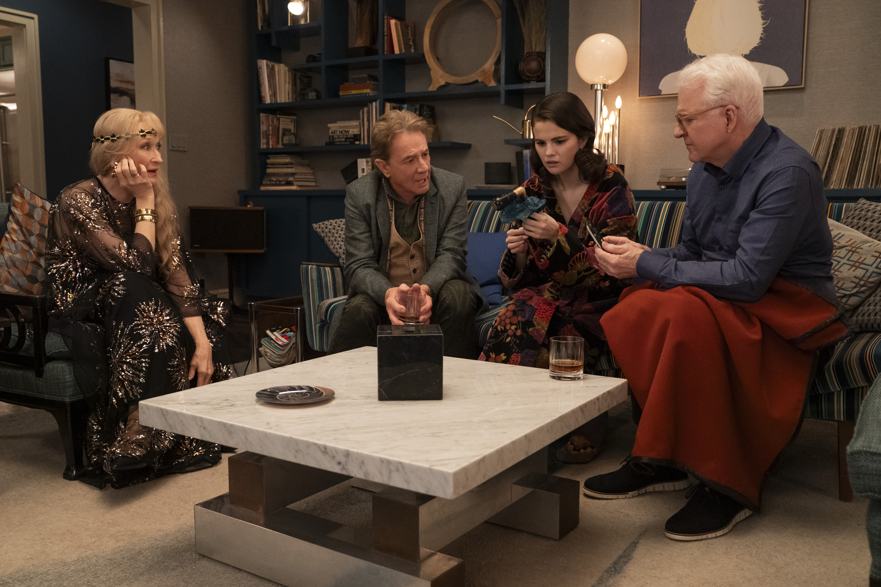 l-r Meryl Streep as Loretta, Martin Short as Oliver, Selena Gomez as Mabel, and Steve Martin as Charles in &#039;Only Murders in the Building.&#039;