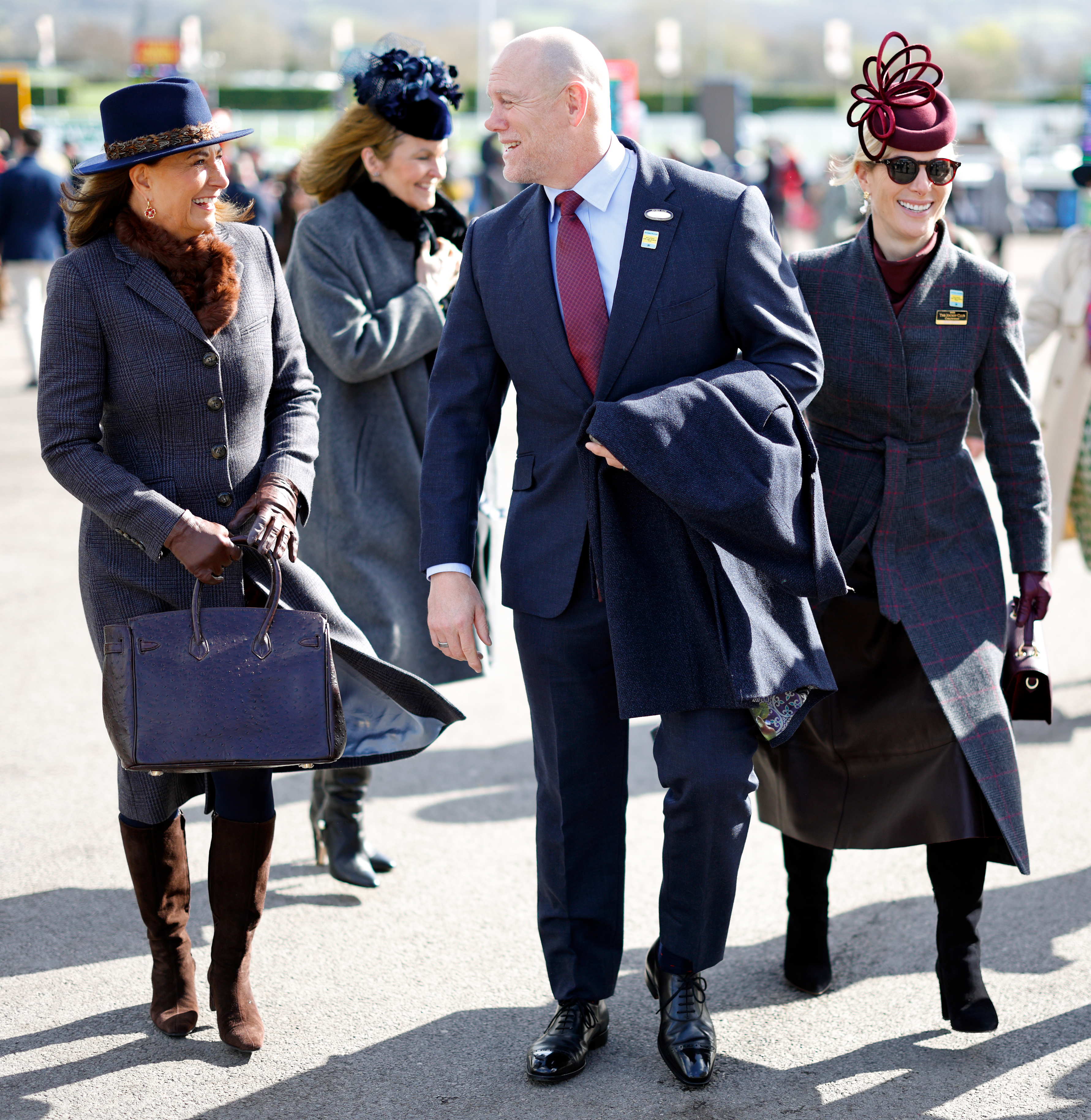 Carole Middleton walking with Mike and Zara Tindall to the Cheltenham races