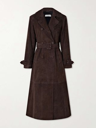 Tate Belted Paneled Double-Breasted Suede Trench Coat