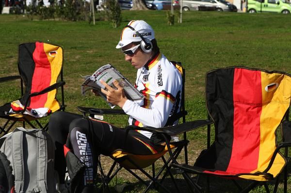 A German team member relaxes before the start.