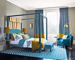 Blue zigzag rug in a bedroom