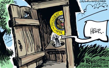 Political cartoon U.S. GOP Trump White House outhouse