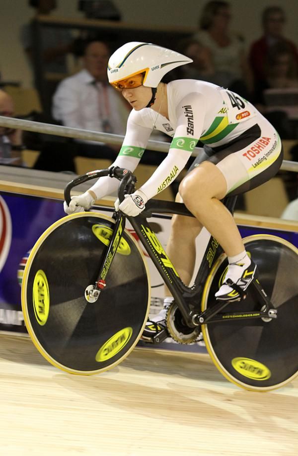 Anna Meares (Australia) prepares to dive down the banking for her qualifying ride in the women's sprint
