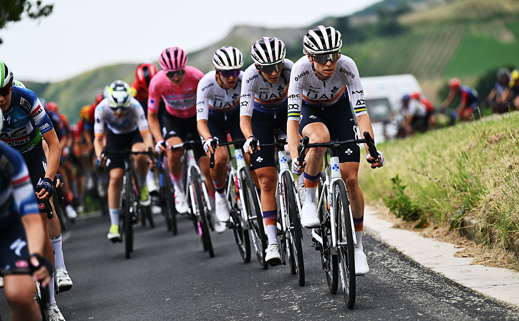 IMOLA, ITALY - JULY 13: Eleonora Camilla Gasparrini of Italy and Brodie Chapman of Australia and UAE Team ADQ compete during the 36th Giro d'Italia Women 2025, Stage 8 a 134km stage from Forli to Imola / #UCIWWT / on July 13, 2025 in Imola, Italy. (Photo by Luc Claessen/Getty Images)