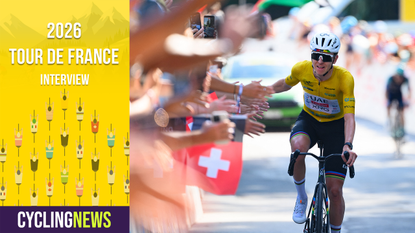 UAE Team Emirates - XRG team's Slovenian rider Tadej Pogacar celebrates as he crosses the finish line to win the fith and final stage of the Men's Tour of Switzerland (Tour de Suisse) cycling race, 150.7 km starting and finishing in Villars-sur-Ollon on June 21, 2026. (Photo by Harold Cunningham / AFP)