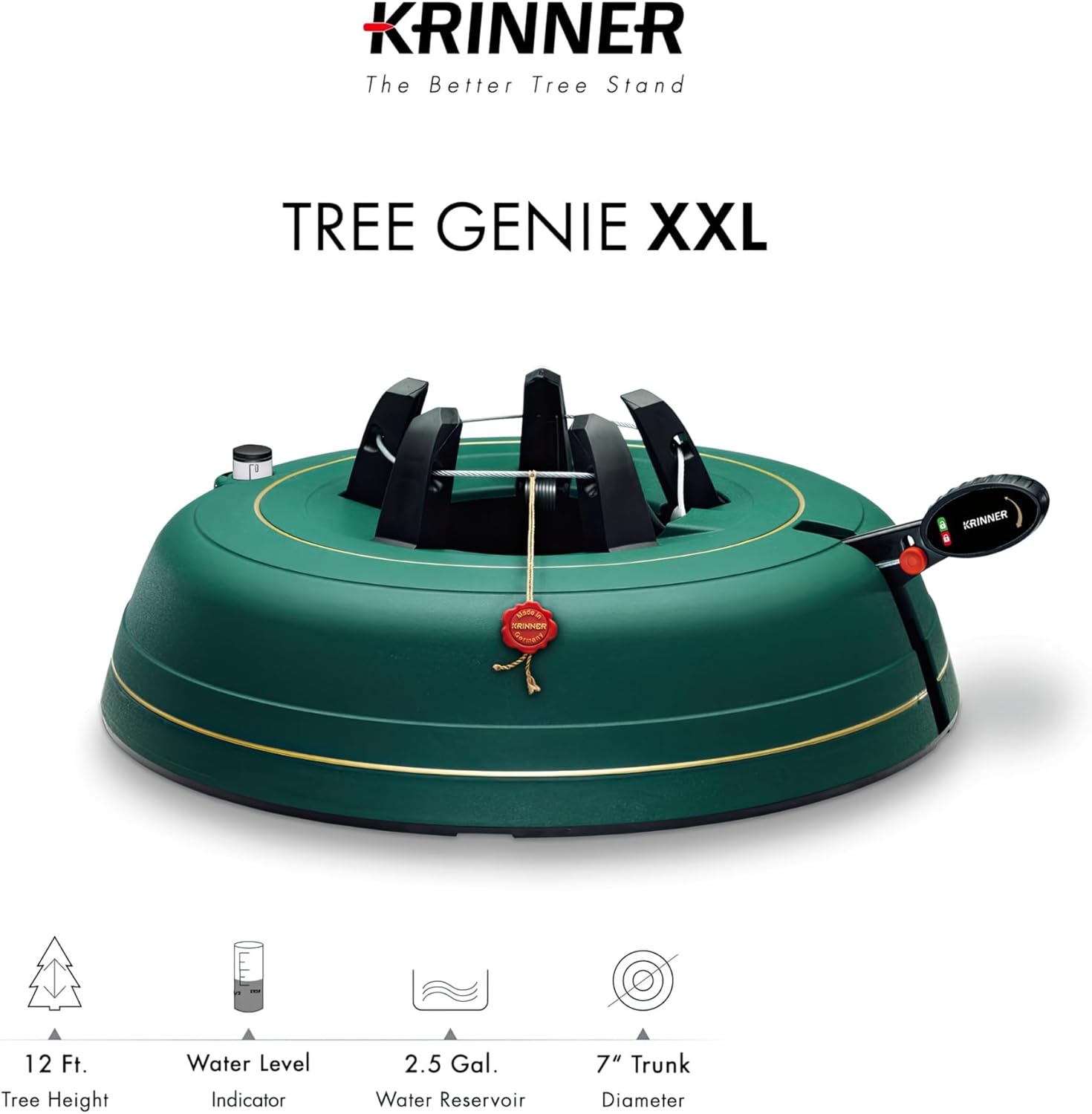 Krinner Christmas Tree Genie Xxl - Green Tree Stand - Original Single Cable Operation, Holds Up to 12 Ft Live Trees - Foot Pedal Setup &amp;amp; Water Reservoir With Level Indicator - German Made
